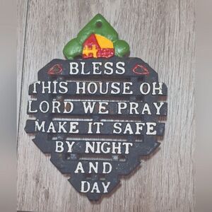 Vintage Trivet Bless This House Kitchen Prayer Religious Cast Iron